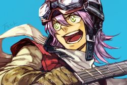 Rule 34 | 1girl, :d, blue background, brown gloves, copyright name, flcl, gloves, goggles, goggles on headwear, guitar, hair between eyes, haruhara haruko, helmet, holding, holding instrument, hungry clicker, instrument, long sleeves, open mouth, purple hair, scarf, simple background, smile, solo, upper body, white scarf