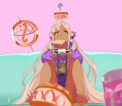 Rule 34 | 1girl, barefoot, blonde hair, blurry, bread, bread slice, casual, couch, dark-skinned female, dark skin, depth of field, food, food in mouth, foreshortening, glass, hair ornament, hololive, hololive english, hood, hoodie, long hair, mouth hold, object on head, pako (pakosun), pastry, pink background, planet hair ornament, sitting, solo, toast, toast in mouth, tsukumo sana, very long hair, virtual youtuber, water, yatagarasu (tsukumo sana), yellow eyes