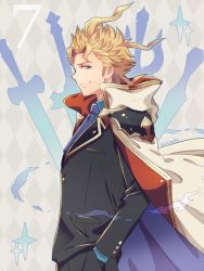 Rule 34 | 10s, 1boy, alternate costume, argyle, argyle background, argyle clothes, aytsmith, blonde hair, blue eyes, cape, collared shirt, colorized, commentary request, formal, from side, granblue fantasy, male focus, necktie, seofon (granblue fantasy), shirt, short hair, solo, sparkle, suit, sword, weapon