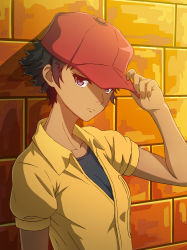 Rule 34 | 1girl, abigail jones, absurdres, against wall, baseball cap, black hair, closed mouth, collarbone, collared shirt, dark-skinned female, dark skin, frown, great pretender, hat, highres, nonoa-cg, open clothes, open shirt, purple eyes, red hat, shirt, short hair, short sleeves, solo, upper body, wing collar, yellow shirt