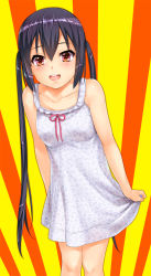 Rule 34 | 1girl, bad id, bad pixiv id, bare shoulders, black hair, blush, brown eyes, commentary request, dress, k-on!, long hair, looking at viewer, menyoujan, nakano azusa, open mouth, round teeth, smile, solo, standing, sunburst, teeth, twintails, white dress