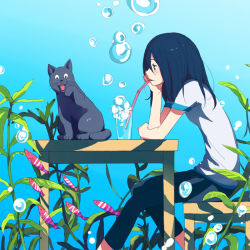 Rule 34 | bad id, bad pixiv id, black cat, blue hair, bubble, cat, chair, drinking, drinking straw, fish, kosa k, pants, seaweed, sitting, solo, table, underwater, water