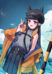 Rule 34 | 1girl, belt, blue eyes, blunt bangs, blush, cloud, coat, collar, dress, elun (elun 00), fang, gradient hair, highres, hololive, hololive english, jacket, long hair, looking at viewer, mole, mole under eye, multicolored hair, ninomae ina&#039;nis, open mouth, orange hair, pleated skirt, pointy ears, purple hair, raincoat, ribbed sweater, sidelocks, skirt, sleeveless, sleeveless sweater, smile, solo, strap, sweater, tentacle hair, two-sided coat, two-sided fabric, v, very long hair, violet (ninomae ina&#039;nis), virtual youtuber, yellow coat, yellow jacket, yellow raincoat