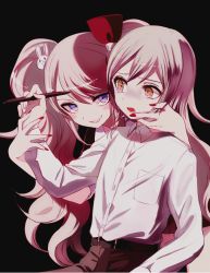Rule 34 | 10s, 1boy, 1girl, belt, belt buckle, black background, blush, brown eyes, brown pants, buckle, rabbit hair ornament, buttons, collared shirt, crying, crying with eyes open, danganronpa (series), enoshima junko, grin, hair ornament, hand on another&#039;s face, holding, holding another&#039;s wrist, holding pen, long sleeves, looking at viewer, maruino, mitarai ryota, nail polish, pants, parted lips, pen, pleated skirt, purple eyes, red nails, shaded face, shirt, short hair, short sleeves, simple background, sitting, skirt, smile, spoilers, tears, teeth, twintails, white shirt, wing collar