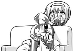 Rule 34 | !?, 10s, 2girls, @ @, ahoge, antenna hair, arms up, blush, confused, couch, crying, cup, detached sleeves, double bun, greyscale, hairband, hand to own mouth, hands on own head, headgear, japanese clothes, kantai collection, kongou (kancolle), long hair, looking back, miko, monochrome, multiple girls, natori (kancolle), nontraditional miko, open mouth, rectangular mouth, school uniform, senomoto hisashi, serafuku, short hair, sitting, surprised, sweat, teacup, tears, wavy mouth, | |