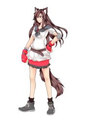 Rule 34 | 1990s (style), 1girl, absurdres, animal ears, breasts, brooch, brown hair, collarbone, cosplay, dress, elbow gloves, final fantasy, final fantasy vii, fingerless gloves, full body, gloves, hand on own hip, highres, imaizumi kagerou, jewelry, long hair, medium breasts, miniskirt, red eyes, retro artstyle, skirt, solo, tail, tifa lockhart, tifa lockhart (cosplay), tk31, touhou, transparent background, white background, wolf ears, wolf tail