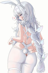 Rule 34 | + +, 1girl, ahoge, animal ear fluff, animal ears, anti kumo, ass, ass cutout, azur lane, back, bare arms, bare back, blue eyes, blush, braid, braided ponytail, breasts, butt crack, clothing cutout, cowboy shot, cross-shaped pupils, fake animal ears, fake tail, frills, from behind, hair ornament, heart, highres, le malin (azur lane), le malin (listless lapin) (azur lane), leotard, long hair, looking at viewer, looking back, official alternate costume, pantyhose, parted lips, playboy bunny, rabbit ears, rabbit tail, revision, sidelocks, simple background, skindentation, small breasts, solo, symbol-shaped pupils, tail, thigh strap, white background, white hair, white leotard, white pantyhose, wristband