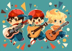 Rule 34 | 3boys, baseball cap, black hair, blonde hair, blue eyes, chibi, child, crossover, electric guitar, guitar, hat, hitofutarai, holding, holding instrument, in-franchise crossover, instrument, lucas (mother 3), male focus, mother (game), mother 1, mother 2, mother 3, multiple boys, music, ness (mother 2), ninten, nintendo, open mouth, playing instrument, shirt, short hair, shorts, smile, striped clothes, striped shirt