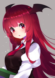 Rule 34 | 1girl, :o, bat wings, blush, book, breasts, chestnut mouth, commentary request, dress shirt, eyelashes, grey background, head wings, highres, holding, holding book, juliet sleeves, koakuma, light particles, long hair, long sleeves, looking at viewer, medium breasts, necktie, puffy sleeves, red eyes, red hair, red necktie, shirt, sidelocks, solo, touhou, upper body, vest, white shirt, wings, yuujin (mhhnp306), yuujin (yuzinn333)