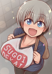Rule 34 | 1girl, blue eyes, breasts, clothes writing, commentary, fang, grey hair, hair between eyes, highres, impossible clothes, large breasts, lips, looking at viewer, open mouth, pantyhose, ponponmaru, romaji text, short hair, skin fang, smile, solo, sparkle, sparkling eyes, sugoi dekai, uzaki-chan wa asobitai!, uzaki hana