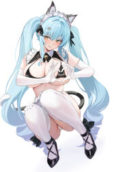 Rule 34 | 1girl, absurdres, adapted costume, animal ears, apron, ass, bare shoulders, bell, bikini, bikini top only, black bikini, black footwear, blue hair, bow, breasts, cameltoe, cat ears, cat tail, cleavage, clenched teeth, commentary, detached collar, drill hair, elbow gloves, extra ears, frilled apron, frills, frown, full body, gloves, gluteal fold, goddess of victory: nikke, hair bow, hair intakes, hair ornament, hairclip, halterneck, heart, heart-shaped boob challenge, heart hands, high heels, highres, jingle bell, kemonomimi mode, large breasts, light blue hair, long hair, looking at viewer, looking to the side, lucifer liyen, maid apron, maid headdress, panties, paw hair ornament, privaty (nikke), privaty (unkind maid) (nikke), shoes, sidelocks, simple background, skindentation, solo, squatting, string bikini, sweatdrop, swimsuit, tail, teeth, thighhighs, thighs, twin drills, twintails, underwear, v-shaped eyebrows, very long hair, waist apron, white apron, white background, white gloves, white headdress, white panties, white thighhighs, wing collar, yellow eyes