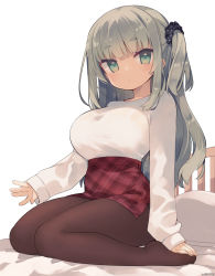 Rule 34 | 1girl, breasts, brown pantyhose, closed mouth, commentary request, full body, green eyes, grey hair, highres, large breasts, long hair, long sleeves, looking at viewer, no shoes, one side up, original, pantyhose, pillow, plaid, plaid skirt, red skirt, shirt, short eyebrows, simple background, sitting, skirt, sleeves past wrists, solo, thick eyebrows, very long hair, wariza, white background, white shirt, yuzuki gao