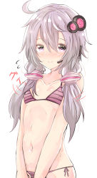 Rule 34 | 1girl, bad id, bad nicoseiga id, bikini, blush, breasts, collarbone, covered erect nipples, flying sweatdrops, hair between eyes, hair ornament, headset, highres, long hair, looking at viewer, low twintails, navel, nose blush, owafu, purple eyes, purple hair, short hair with long locks, side-tie bikini bottom, silver hair, small breasts, smile, solo, standing, striped bikini, striped clothes, sweat, swimsuit, twintails, v arms, vocaloid, voiceroid, white background, yuzuki yukari