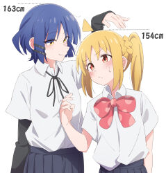 Rule 34 | 2girls, ahoge, arm at side, arm up, black ribbon, black shirt, black skirt, blonde hair, blue hair, blush, bocchi the rock!, bow, closed mouth, collared shirt, commentary, cowboy shot, detached ahoge, eitopondo, hand on another&#039;s chest, hand up, height difference, highres, ijichi nijika, layered clothes, layered sleeves, long hair, long sleeves, looking at another, mole, mole under eye, multiple girls, neck ribbon, pleated skirt, red bow, red eyes, ribbon, school uniform, shimokitazawa high school uniform, shirt, shirt tucked in, short hair, short over long sleeves, short sleeves, side ponytail, sidelocks, simple background, skirt, smile, standing, sweatdrop, white background, white shirt, yamada ryo, yellow eyes