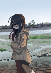 Rule 34 | 1girl, absurdres, blush, brown hair, brown jacket, closed mouth, crossed arms, day, from side, glasses, highres, hood, hood down, hooded jacket, huge filesize, jacket, long hair, long sleeves, original, outdoors, profile, river, skirt, sky, solo, water, zinbei