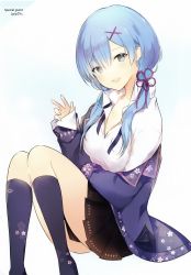 Rule 34 | 10s, 1girl, :d, alternate hair length, alternate hairstyle, artist name, blouse, blue eyes, blue hair, breast pocket, cherry blossom print, cherry blossoms, clothes between thighs, collared shirt, contemporary, floral print, hair ornament, hand up, highres, kneehighs, legs together, long hair, looking at viewer, low twintails, lpip, miniskirt, open mouth, pleated skirt, pocket, re:zero kara hajimeru isekai seikatsu, rem (re:zero), scan, shirt, skirt, smile, socks, solo, thighs, twintails, w, white shirt, x hair ornament