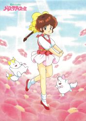Rule 34 | 1980s (style), 1girl, braid, braided ponytail, brown hair, copyright notice, floral background, full body, hanazono yumi, interlocked fingers, long hair, looking at viewer, mahou no idol pastel yumi, miniskirt, non-web source, official art, oldschool, pink skirt, red footwear, retro artstyle, skirt, solo