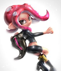 Rule 34 | 1girl, agent 8 (splatoon), ass, asymmetrical clothes, crop top, gonzarez, highres, looking at viewer, midriff, nintendo, octoling, octoling girl, octoling player character, pink hair, pointy ears, simple background, skirt, solo, splatoon (series), splatoon 2, splatoon 2: octo expansion, tentacle hair