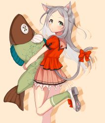 Rule 34 | animal ears, bad id, bad pixiv id, bow, cat ears, cat tail, chino ukana, fish-shaped pillow, footwear bow, green eyes, green socks, looking at viewer, looking back, original, shoes, silver hair, skirt, socks, solo, standing, standing on one leg, tail
