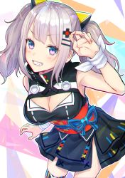 Rule 34 | 1girl, aimori meguru, black dress, blush, breasts, chromatic aberration, cleavage, cleavage cutout, clothing cutout, commentary request, dress, grin, hair ornament, hairclip, highres, kaguya luna, large breasts, long hair, looking at viewer, obi, pink eyes, sash, sidelocks, silver hair, sleeveless, sleeveless dress, smile, solo, the moon studio, thighhighs, twintails, v-shaped eyebrows, virtual youtuber