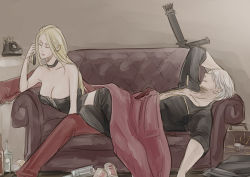 Rule 34 | 1boy, 1girl, blonde hair, blue eyes, calling, choker, couch, couple, dante (devil may cry), devil may cry, devil may cry (series), devil may cry 4, leather, phone, sleeping, sword, trish (devil may cry), weapon