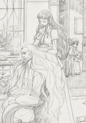 Rule 34 | 00s, 2boys, 2girls, absurdres, aged down, beard, brother and sister, brushing hair, charles zi britannia, child, code geass, cup, facial hair, family, father and daughter, father and son, finger to mouth, greyscale, hair brush, highres, kimura takahiro, lelouch vi britannia, long hair, marianne vi britannia, monochrome, mother and daughter, mother and son, multiple boys, multiple girls, nunnally vi britannia, shushing, siblings, sitting, teacup, very long hair