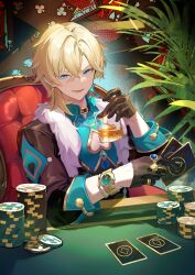 Rule 34 | 1boy, absurdres, armchair, aventurine (honkai: star rail), black gloves, black jacket, blonde hair, blue eyes, blue shirt, card, chair, cleavage cutout, clothing cutout, commentary request, cup, drink, drinking glass, gloves, hair between eyes, half gloves, heart cutout, highres, holding, holding card, holding cup, honkai: star rail, honkai (series), jacket, jewelry, long sleeves, looking at viewer, male focus, on chair, poker chip, poker table, ring, shirt, smile, solo, table, upper body, wang man, watch, wristwatch
