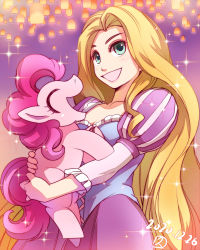 Rule 34 | 1girl, :d, ^ ^, blonde hair, breasts, carrying, cleavage, closed eyes, collarbone, commentary request, crossover, dated, disney, closed eyes, green eyes, happy, highres, hisahiko, long hair, long sleeves, looking at viewer, medium breasts, my little pony, my little pony: friendship is magic, open mouth, pinkie pie, puffy long sleeves, puffy sleeves, rapunzel (disney), smile, tangled, very long hair