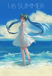 Rule 34 | 1girl, bad id, bad pixiv id, barefoot, beach, day, dress, floating hair, hatsune miku, head wreath, long hair, ocean, outdoors, solo, twintails, typone, very long hair, vocaloid, water, white dress
