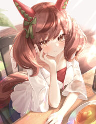 Rule 34 | 1girl, absurdres, animal ears, blush, brown eyes, chair, closed mouth, ear covers, food, fork, highres, horse ears, horse girl, horse tail, medium hair, nice nature (umamusume), pancake, plate, red hair, shirt, short sleeves, sitting, sky cappuccino, smile, solo, tail, two side up, umamusume, white shirt