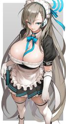 Rule 34 | 1girl, absurdres, apron, asuna (blue archive), black dress, blue archive, blue neckwear, blush, bow, bowtie, breasts, cleavage, dress, elbow gloves, gloves, headphones, highres, large breasts, light brown hair, long hair, looking at viewer, maid headdress, mole, mole on breast, neck ribbon, neckwear between breasts, puffy short sleeves, puffy sleeves, revision, ribbon, short sleeves, solo, thighhighs, thighs, white apron, white gloves, white thighhighs, yoshio (55level)