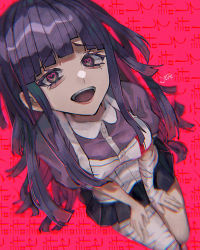 Rule 34 | 1girl, :d, apron, bandaged arm, bandaged leg, bandages, black skirt, blush, breasts, commentary request, danganronpa (series), danganronpa 2: goodbye despair, from above, heart, heart-shaped pupils, joh pierrot, large breasts, long hair, looking at viewer, looking up, medium breasts, miniskirt, mole, mole under eye, nurse, open mouth, puffy short sleeves, puffy sleeves, purple eyes, purple hair, red background, short sleeves, skirt, smile, solo, symbol-shaped pupils, teeth, tsumiki mikan, upper teeth only