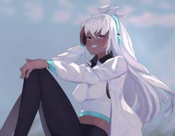 Rule 34 | 1girl, ahoge, black pants, blue headwear, blue sky, blush, cloud, commandycan, commentary, dark skin, dark-skinned female, english commentary, granblue fantasy, grin, hair between eyes, headphones, jacket, long hair, looking at viewer, midriff, open clothes, open jacket, outdoors, pants, red eyes, shirt, sitting, sky, sleeveless, sleeveless shirt, smile, solo, very long hair, white hair, white jacket, white shirt, zooey (granblue fantasy)