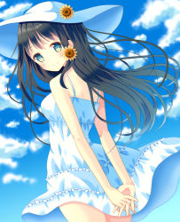Rule 34 | 1girl, arms behind back, bare arms, bare shoulders, black hair, blue dress, blue eyes, casual, cowboy shot, day, dress, flower, flower on head, from side, hair flower, hair ornament, hat, hazakura satsuki, highres, long hair, looking at viewer, original, outdoors, sky, sleeveless, sleeveless dress, smile, solo, sun hat, sundress, wind