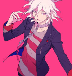 Rule 34 | 1boy, aokiku, arm up, black jacket, chain, chained, collar, collarbone, commentary request, danganronpa (series), danganronpa 2: goodbye despair, hair between eyes, highres, jacket, komaeda nagito, looking to the side, male focus, medium hair, multicolored shirt, open clothes, open jacket, open mouth, out of frame, pink background, pink eyes, shirt, simple background, solo, striped clothes, striped shirt, upper body, white hair