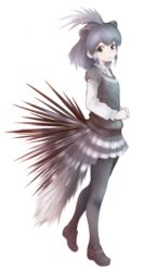 Rule 34 | 10s, 1girl, black eyes, black footwear, black hair, black pantyhose, crested porcupine (kemono friends), extra ears, from side, full body, ise (0425), kemono friends, layered sleeves, long sleeves, looking at viewer, medium hair, pantyhose, pleated skirt, porcupine ears, porcupine tail, shoes, short over long sleeves, short sleeves, simple background, skirt, solo, white background