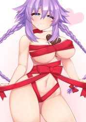 Rule 34 | 1girl, blue eyes, blush, braid, breasts, candy, chocolate, chocolate heart, dura, food, heart, highres, large breasts, naked ribbon, navel, neptune (series), power symbol, purple hair, purple heart (neptunia), ribbon, smile, solo, symbol-shaped pupils, twin braids, twintails, valentine