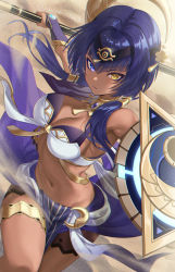 Rule 34 | 1girl, bare shoulders, blue eyes, blue hair, breasts, brooch, candace (genshin impact), cleavage, closed mouth, crop top, dark-skinned female, dark skin, elbow gloves, expressionless, eye of horus, genshin impact, gloves, gold trim, hair intakes, hair over shoulder, heterochromia, highres, holding, holding polearm, holding shield, holding weapon, imone illust, jewelry, looking at viewer, medium breasts, navel, neck ring, pelvic curtain, polearm, shield, sidelocks, skirt, solo, stomach, thighlet, thighs, twintails, twitter username, weapon, yellow eyes