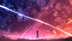 Rule 34 | chinese commentary, cloud, commentary request, full body, highres, light particles, original, outdoors, rune xiao, scenery, signature, sky, solo, standing, star (sky), starry sky