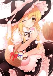 Rule 34 | 1girl, ;), apron, bad id, bad pixiv id, basket, black dress, blonde hair, blush, bow, braid, breasts, broom, broom riding, buttons, carrying, cleavage, clothing cutout, curly hair, double-breasted, dress, eating, flower, food, frilled apron, frilled dress, frills, hair between eyes, hair bow, hand up, hat, hat bow, heart, holding, holding food, kirisame marisa, long hair, looking at viewer, macaron, one eye closed, puffy short sleeves, puffy sleeves, shangurira, short sleeves, single braid, smile, solo, sweets, touhou, very long hair, waist apron, white apron, white bow, witch, witch hat, yellow eyes