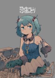 Rule 34 | 1girl, absurdres, aqua hair, breasts, camisole, character name, cleavage, goggles, hair bobbles, hair ornament, highres, kawashiro nitori, no headwear, no headwear, pants, screw, screwdriver, sinchan1228, sitting, soldering iron, solo, toolbox, touhou, twintails, work gloves, wrench