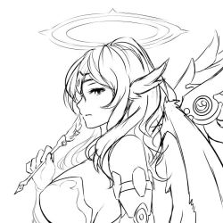 Rule 34 | 1girl, archangel metatron (p&amp;d), breasts, greyscale, halo, huge breasts, long hair, monochrome, puzzle &amp; dragons, simple background, sketch, solo, white background, zaxwu