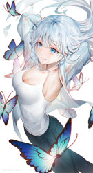 Rule 34 | 1girl, a maru, arms behind head, artist name, bad id, bad pixiv id, black pants, blue butterfly, blue eyes, blue hair, breasts, bug, butterfly, cleavage, closed mouth, commentary request, feet out of frame, floating hair, highres, insect, jacket, large breasts, long hair, long sleeves, looking away, open clothes, open jacket, original, pants, shirt, simple background, sleeveless, sleeveless shirt, smile, solo, standing, white background, white jacket, white shirt