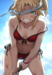 Rule 34 | 1girl, bare shoulders, bikini, blonde hair, blue sky, blush, braid, breasts, collarbone, fate/grand order, fate (series), french braid, green eyes, hair ornament, hair scrunchie, highres, long hair, looking at viewer, mordred (fate), mordred (fate) (all), mordred (swimsuit rider) (fate), mordred (swimsuit rider) (first ascension) (fate), parted bangs, ponytail, red bikini, scrunchie, sidelocks, sky, small breasts, smile, solo, swimsuit, tonee