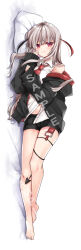 Rule 34 | 1girl, bare shoulders, barefoot, bed sheet, black hair, black jacket, black shorts, closed mouth, collared shirt, dakimakura (medium), demon tail, dress shirt, full body, grey hair, hair between eyes, hands up, highres, hood, hood down, hooded jacket, jacket, long hair, long sleeves, looking at viewer, lying, mito (go!go!king!), multicolored hair, navel, necktie, off shoulder, on side, open clothes, open jacket, original, pillow, puffy long sleeves, puffy sleeves, red eyes, red hair, red necktie, sample watermark, shirt, short shorts, shorts, sleeveless, sleeveless shirt, sleeves past wrists, smile, solo, tail, two-tone hair, very long hair, watermark, white shirt