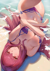 Rule 34 | 1girl, absurdres, beach, bikini, breasts, fate/grand order, fate (series), hair intakes, highres, large breasts, long hair, looking at viewer, lying, on back, pink bikini, purple hair, red eyes, rororo, scathach (fate), scathach (fate/grand order), scathach (swimsuit assassin) (fate), solo, strap slip, swimsuit, very long hair