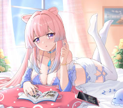 Rule 34 | 1girl, absurdres, bangle, blush, book, bow-shaped hair, bracelet, breasts, cellphone, choker, cleavage, colored tips, curtains, detached sleeves, drawing (object), earphones, earphones removed, feet up, genshin impact, gradient eyes, highres, holding, holding earphones, indoors, jewelry, large breasts, long hair, looking at viewer, lying, multicolored eyes, multicolored hair, no shoes, on bed, on stomach, open book, parted lips, phone, pillow, pink hair, purple eyes, sangonomiya kokomi, short shorts, shorts, smartphone, solo, thighhighs, very long hair, white shorts, window, zhihe box, zzz