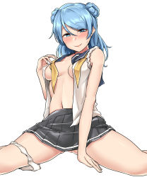 Rule 34 | 1girl, absurdres, blue eyes, blue hair, blush, breasts, covered erect nipples, double bun, elbow gloves, gloves, hair bun, hair ornament, hat, highres, kantai collection, kiritto, long hair, looking at viewer, loose neckwear, medium breasts, neckerchief, open clothes, open mouth, panties, panties around leg, school uniform, serafuku, short hair, simple background, sitting, skirt, sleeves rolled up, smile, solo, sweatdrop, underwear, undone neckerchief, urakaze (kancolle), wariza, white background, white gloves, white hat, yellow neckwear