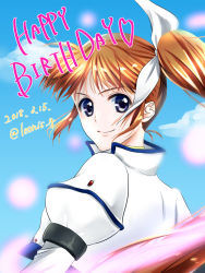 Rule 34 | 1girl, blue eyes, blue sky, blurry, blurry foreground, brown hair, cloud, dated, day, depth of field, english text, from behind, hair ribbon, happy birthday, heart, highres, jacket, juliet sleeves, leonis g, long hair, long sleeves, looking at viewer, looking back, lyrical nanoha, magical girl, outdoors, puffy sleeves, ribbon, side ponytail, sky, solo, takamachi nanoha, takamachi nanoha (exceed mode), twitter username, upper body, white jacket, white ribbon