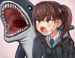 Rule 34 | 1girl, :o, animal, black eyes, black jacket, blush, brown hair, collared shirt, commentary request, hood, hood down, hooded jacket, idolmaster, idolmaster cinderella girls, jacket, long hair, mask, mask pull, mole, mole under eye, mouth mask, necktie, niconicotin, open mouth, pink background, shark, sharp teeth, shirt, solo, striped necktie, striped neckwear, sunazuka akira, surgical mask, teeth, twintails, upper body, wavy hair, white shirt